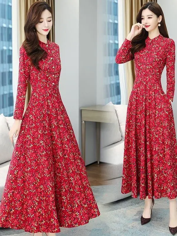 Elegant Floral Print Maxi Dress Long Sleeve Slimming Mommy Style Spring Autumn New Arrival Large Size A-Line Dress