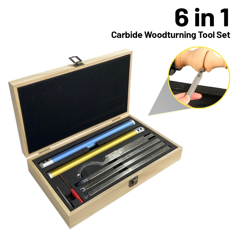 6 in1 Carbide Woodturning Tool Set Wood Turning Chisel Kit with Cutting Inserts & Box for Lathe Woodworking Tools Accessories