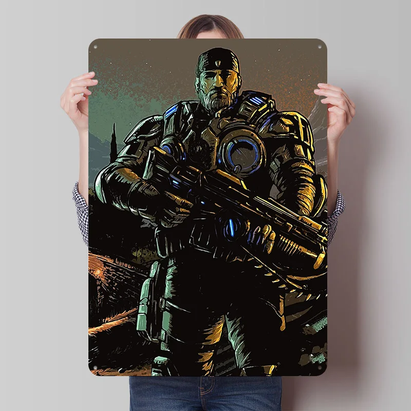 Gears of War Soldier With Lancer Rifle Metal Poster Custom Wall Art Retro Vintage Tinplate Signs for Man Cave Decoration Garage