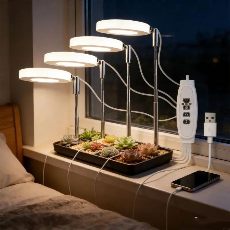 Adjustable 4 Head Grow Light for Indoor 10 Brightness Settings 3 Light Spectrums Height 6.69 24.8 Inches Auto On Off USB Power