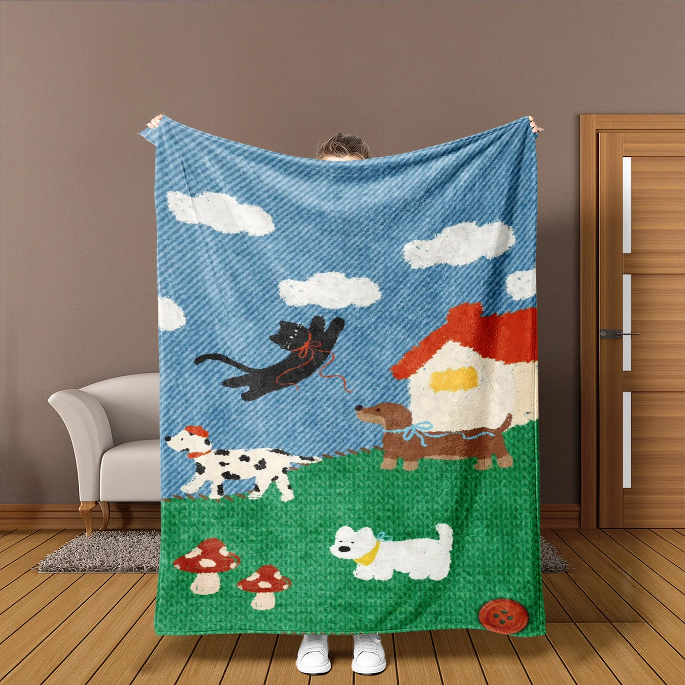 2D Blue Sky Grassland House Cat Dog Mushroom Scenery Hand-Drawn Printed Flannel Home Nap Sofa Cover Blanket