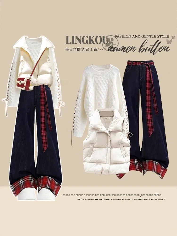 

Комплект из вязаного жилета больших размеров и джинсов с высокой талией в клетку для женщин: модный образ для весны и осени, премиум-класс