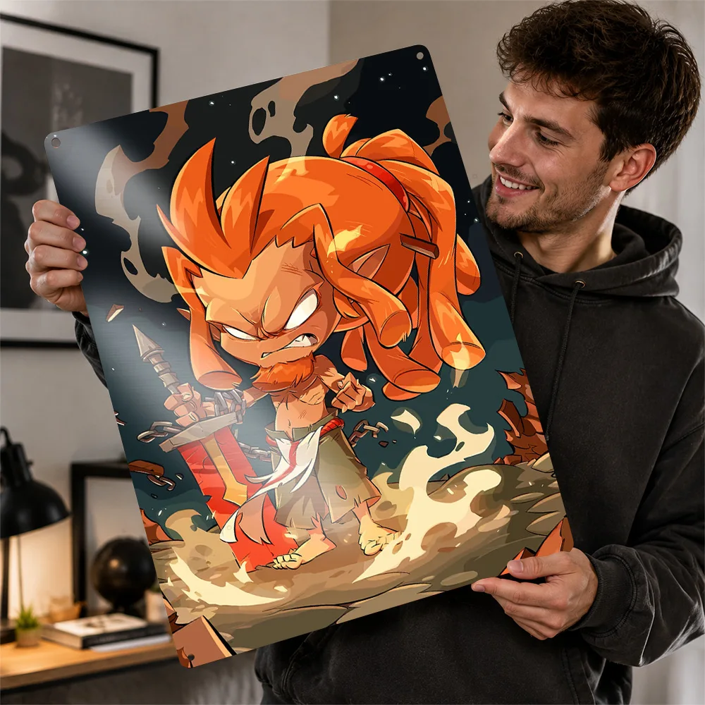 Furious Cartoon Warrior With Sword Metal Poster Perfect Gift for Fans Lovers Personalized Wall Art Metal Sign for Office Decor