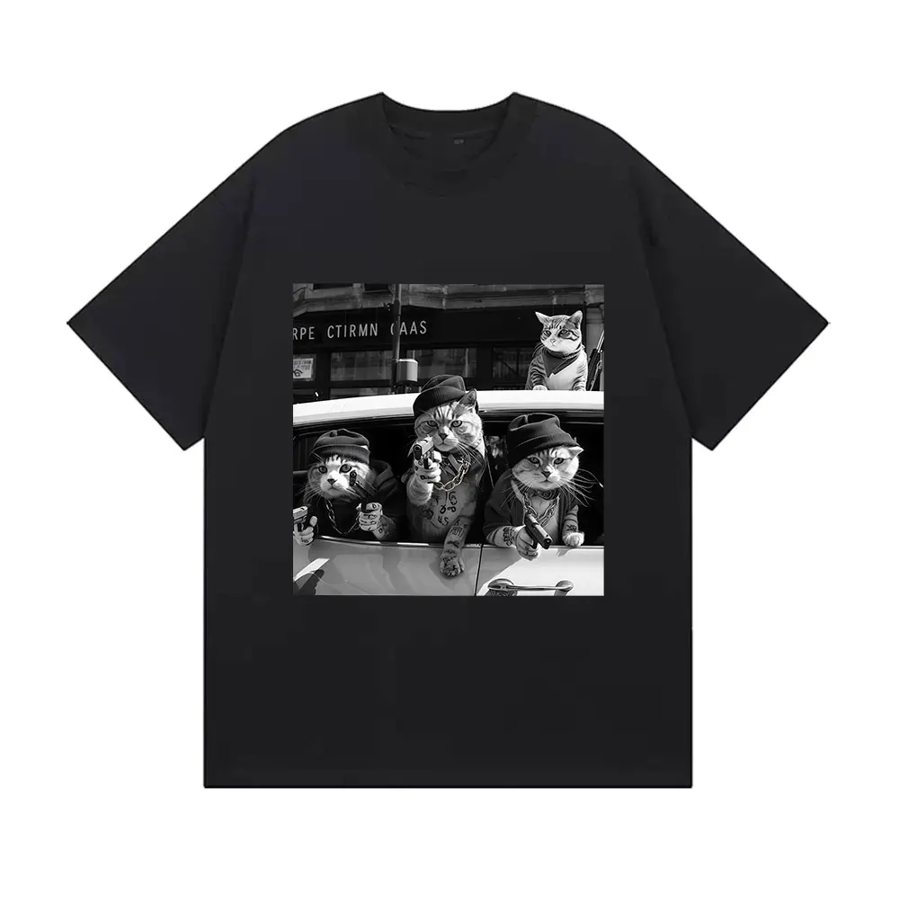 مضحك القط عصابة ريترو نمط تي شيرت للرجال ، الهيب هوب الفكاهة الملابس ، للجنسين القوطية الصيف طباعة 100% القطن الخالص تي شيرت