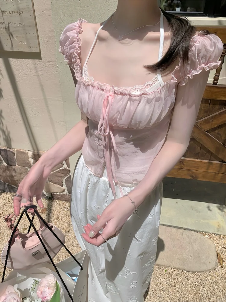 

Pure Desire Pink Chiffon ter Ne Tank Top Women's Summer Aosphere Sweetn Breathable ort Sve Square Collar Top