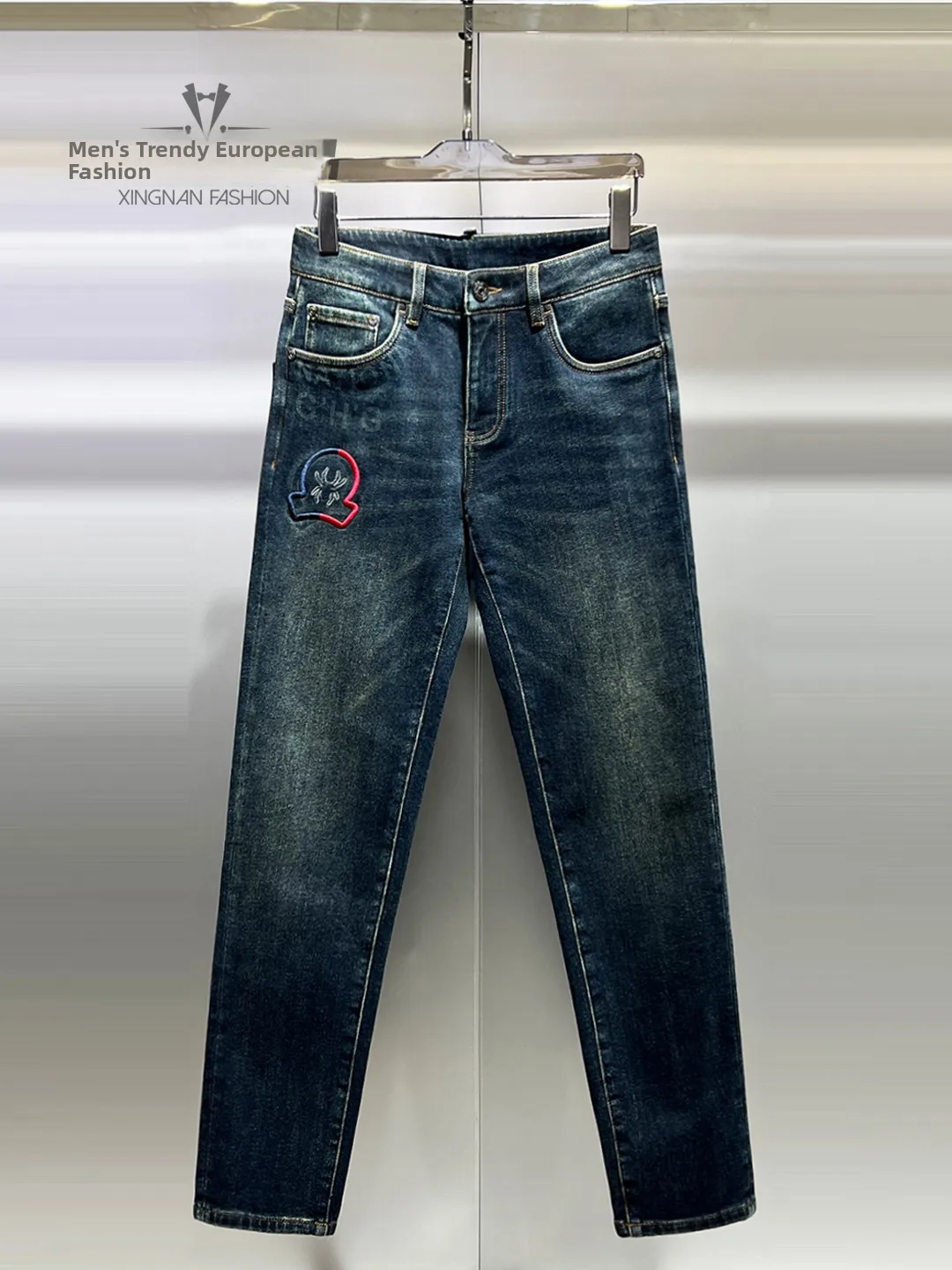 

Washed Denim Jeans Men's Winter Fashion High Waist Slim Fit Printed Embroidered Fleece Small Straight Leg Anti-Wrinkle