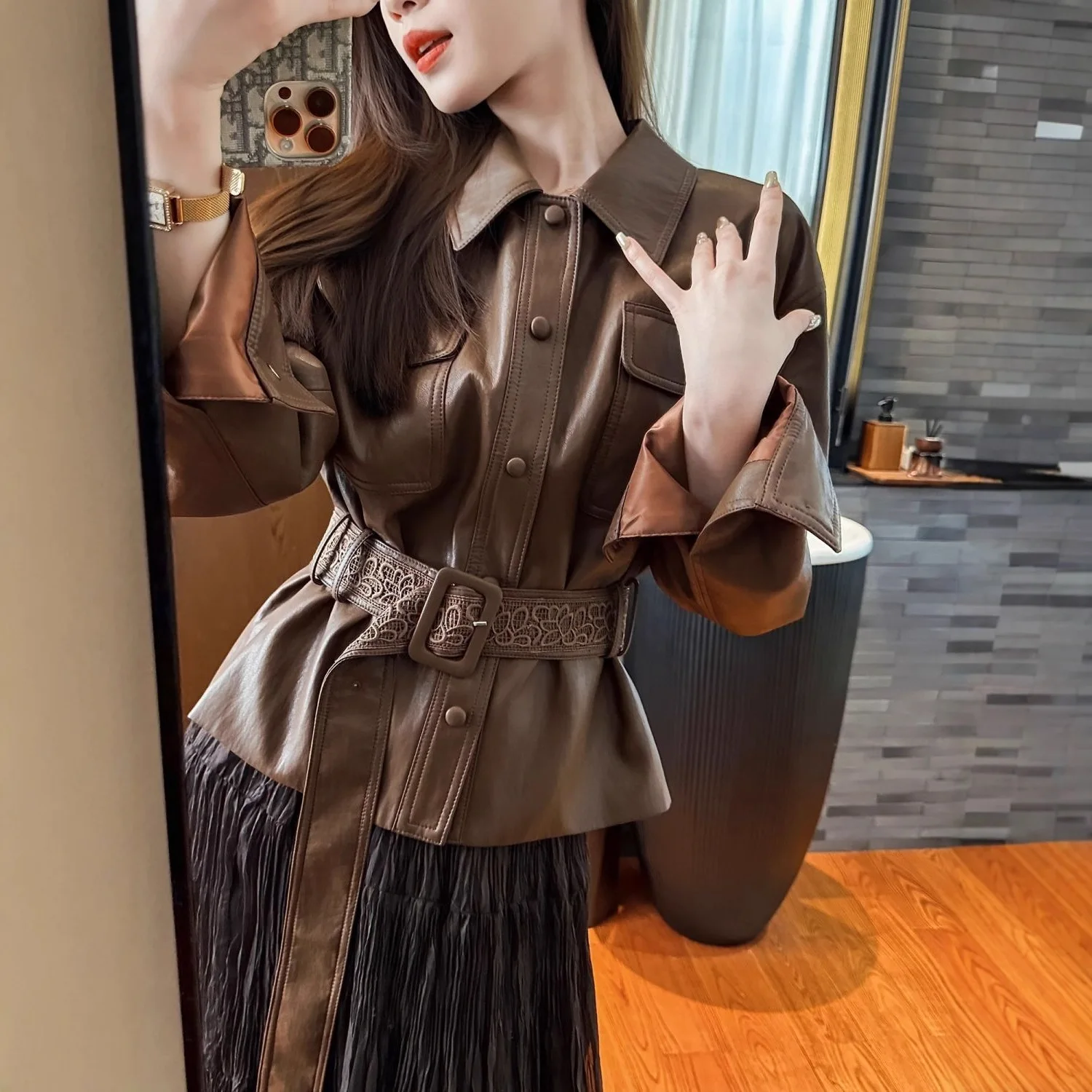 Leather With Belt Design, 2025 Autumn New Fashion Casual Commuter Top, High-End Brown Leather Jacket