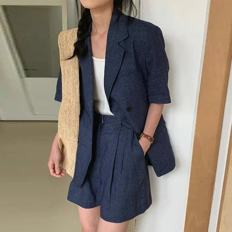 Neploe Women Solid Color Thin Suit Jacket+High Waist All-match Wide Leg Shorts Summer Vintage Two-piece Suit Conjunto Femenino