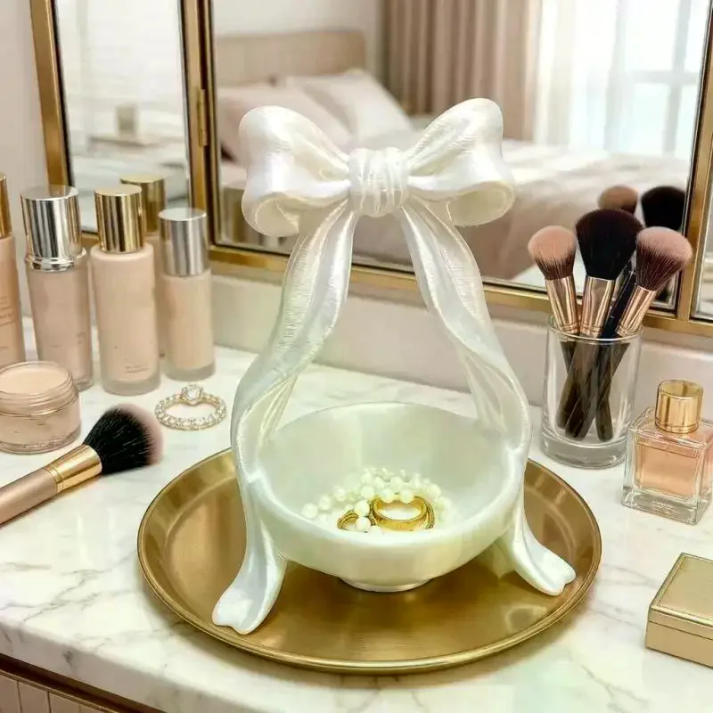 1Pc Luxury 3D Printed Makeup Jewelry Organizer Desktop Display Rack Bow Storage Box Ins Style Home Decor Ornament