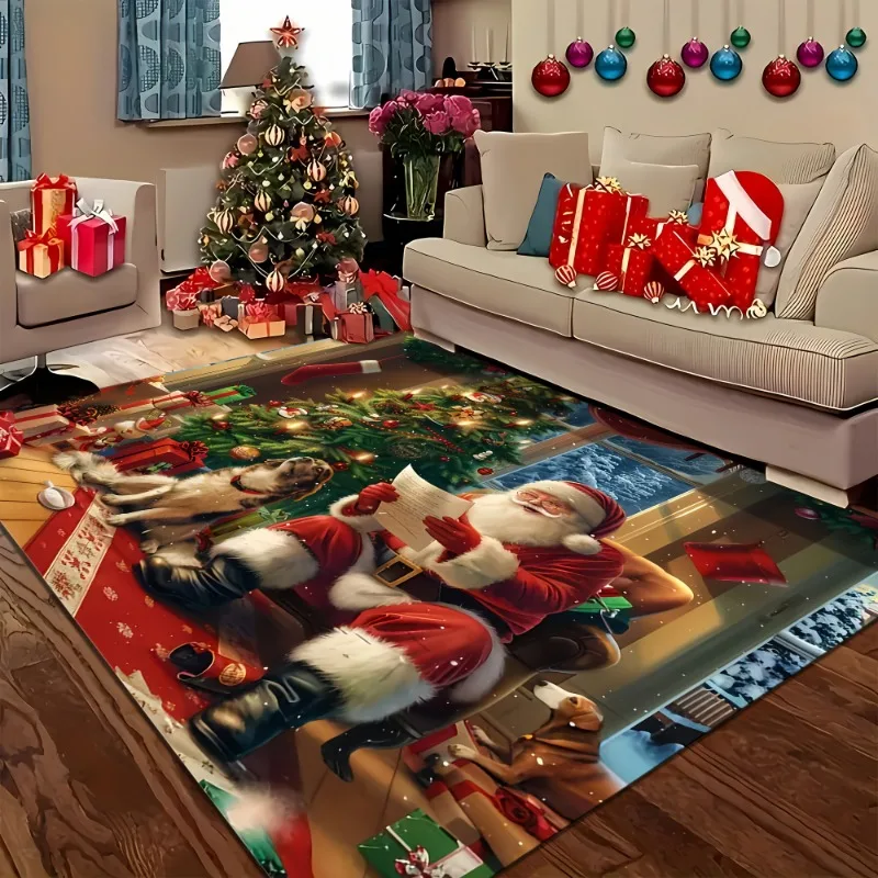 

Christmas Theme Area Rug Santa and Dogs Pattern Resistant for Living Room Bedroom Mat Dining Holiday Floor with Soft Foam Decor