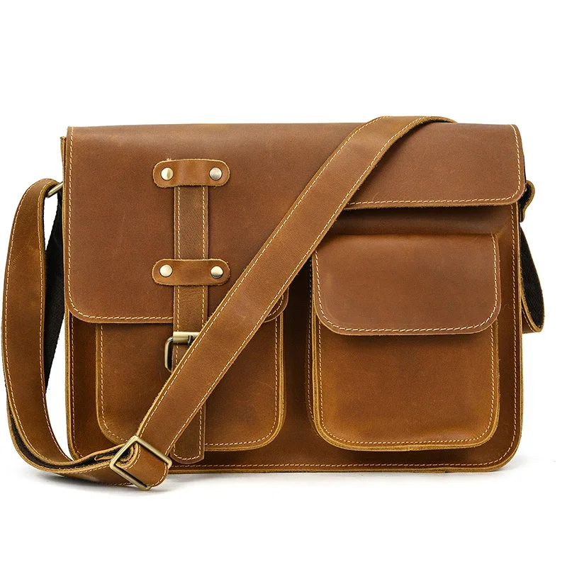 

Men's leather single shoulder Crazy Horse leather messenger bag can hold A4 first layer cowhide ipad briefcase retro fashion sim