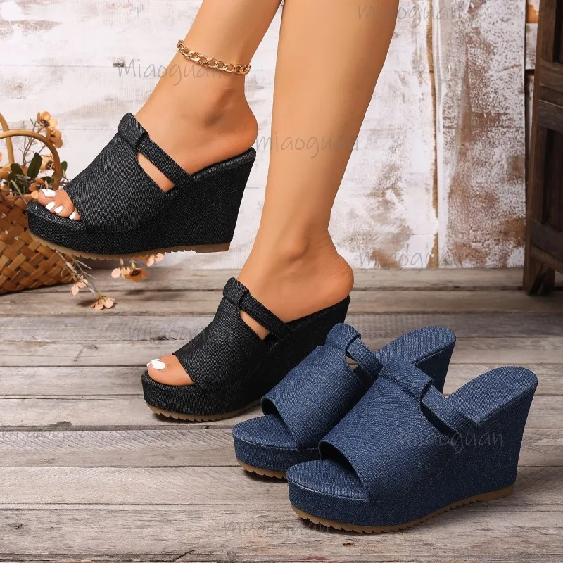

Women Platform Sandals Beach Wedges High Heels Sandals Summer 2025 New Anti-slip Sexy Denim Slippers Women Zapatos De Mujer
