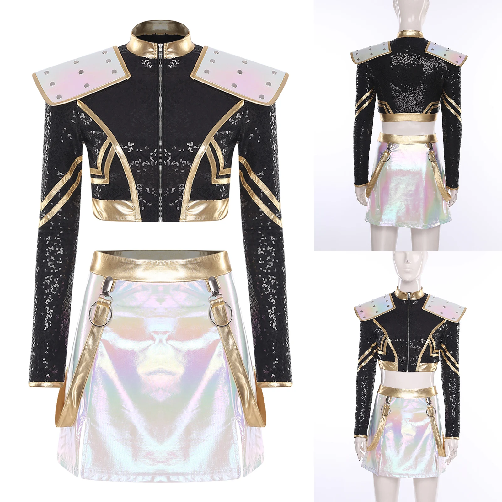 

Womens Demon KPop Halloween Hunter Cosplay Costume Rivet Sequined Crop Jacket Top Metallic Shiny Mini Skirt Carnival Clubwear