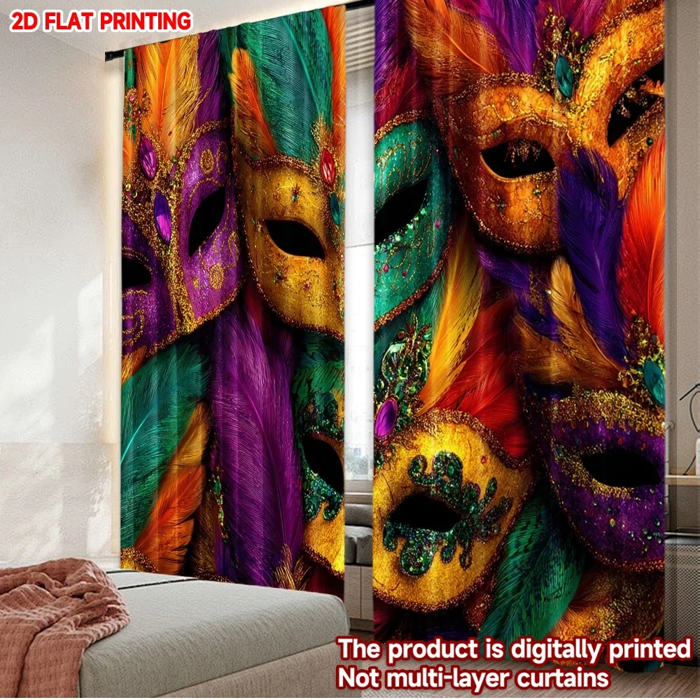 2D flat printing 2pcs Curtain Curtains Mardi Gras Colorful Masks(1) Digital Printed Polyester Drapes Party Decorations for