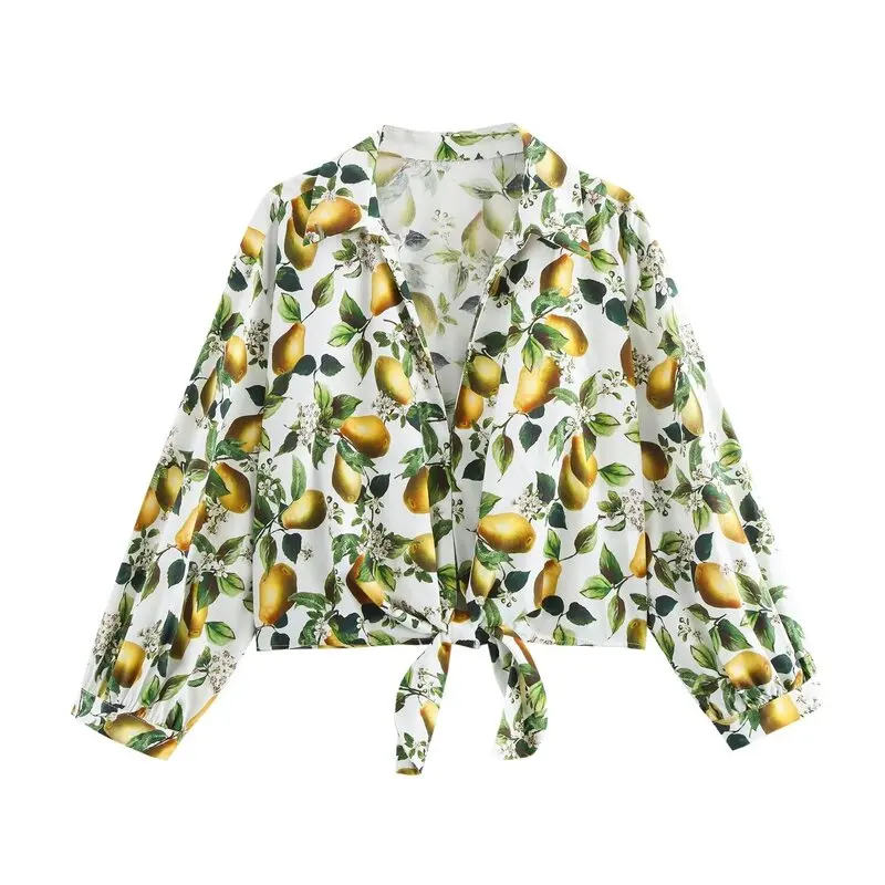 قميص نسائي قطني مطبوع لخريف 2024 مع ربطة عنق وأكمام طويلة وياقة مقلوبة متعدد الاستخدامات بخصر مرتفع وطول قصير وتصميم عصري #3