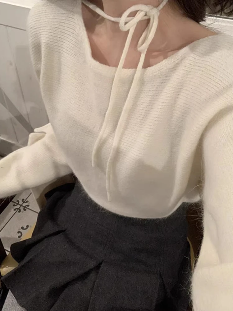 เสื้อสเวตเตอร์ถักนิตติ้งเนื้อนุ่มเก๋ไก๋ผู้หญิงหลวมคอแนวทแยงสบายอเนกประสงค์ยาว Sve ฤดูใบไม้ร่วงแฟชั่นเทรนด์