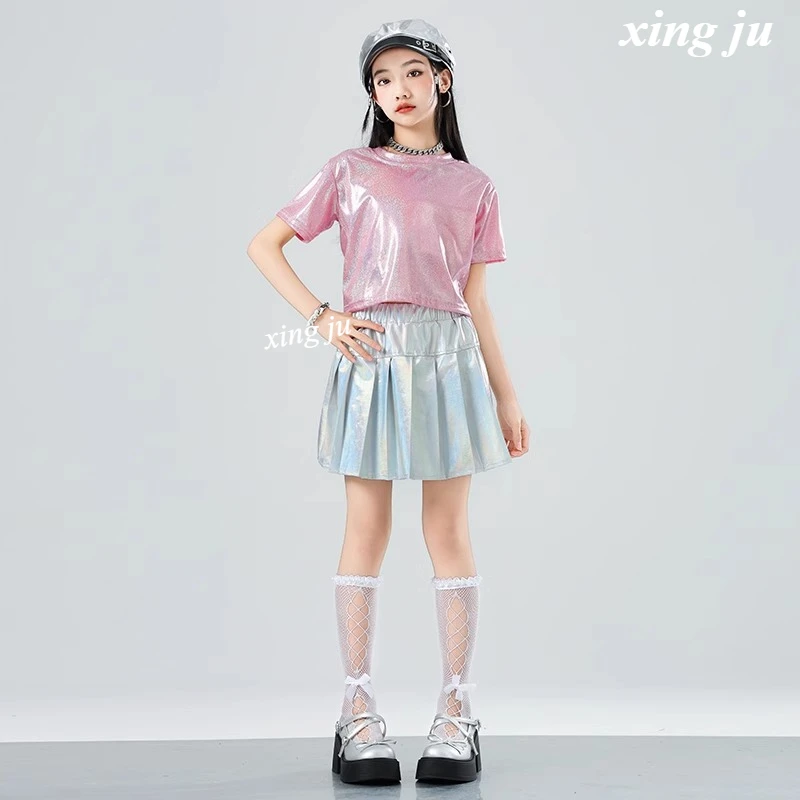 Conjuntos de Hip Hop para niñas, Top corto rosa brillante para baile callejero, Falda plisada plateada, ropa de calle para niños, disfraz de Jazz, ropa para espectáculo en escenario