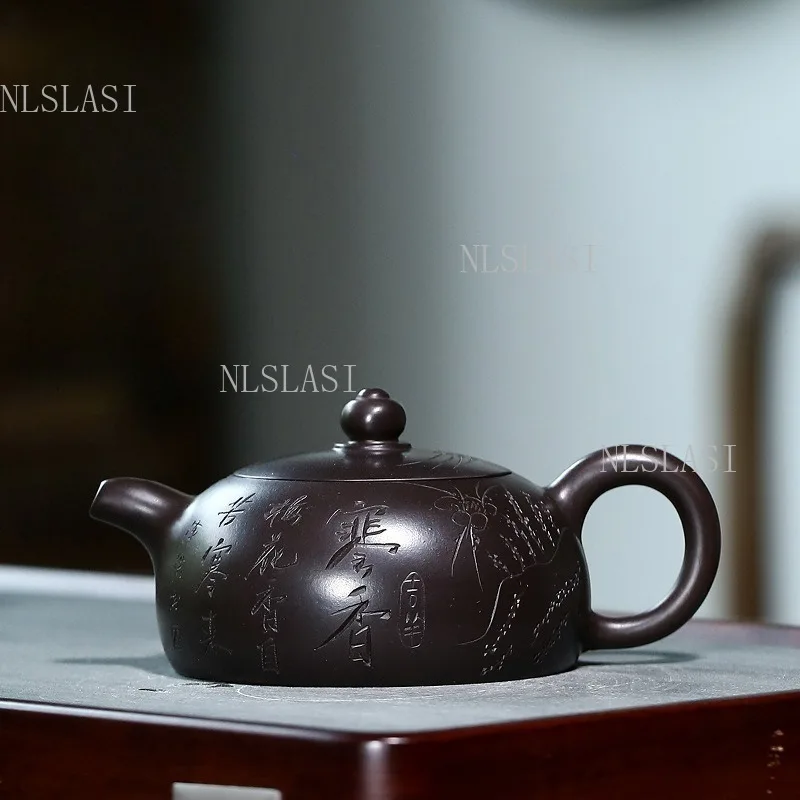 180ml  Yixing Raw Black Clay Zisha Teapot Flat Half Moon Shape Engraved Plum Blossom And Ancient Calligraphy Kung Fu Tea Pot