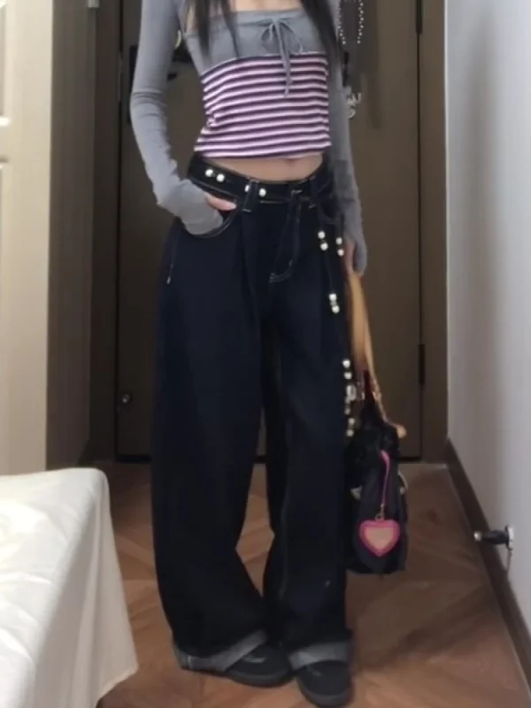 American Sle Retro Wide Leg Knife  Jeans Women's Loose Straight Casual Trousers Autumn New Faion High Waist Jeans