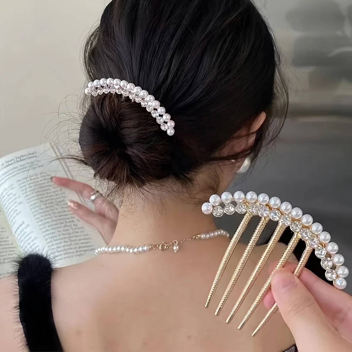 1pc Exquisite Imitation Pearl Rhinestones Embellish Hair Clips, Metal Hair Clips, Holiday Gifts, Girls' Hair Accessories image 3