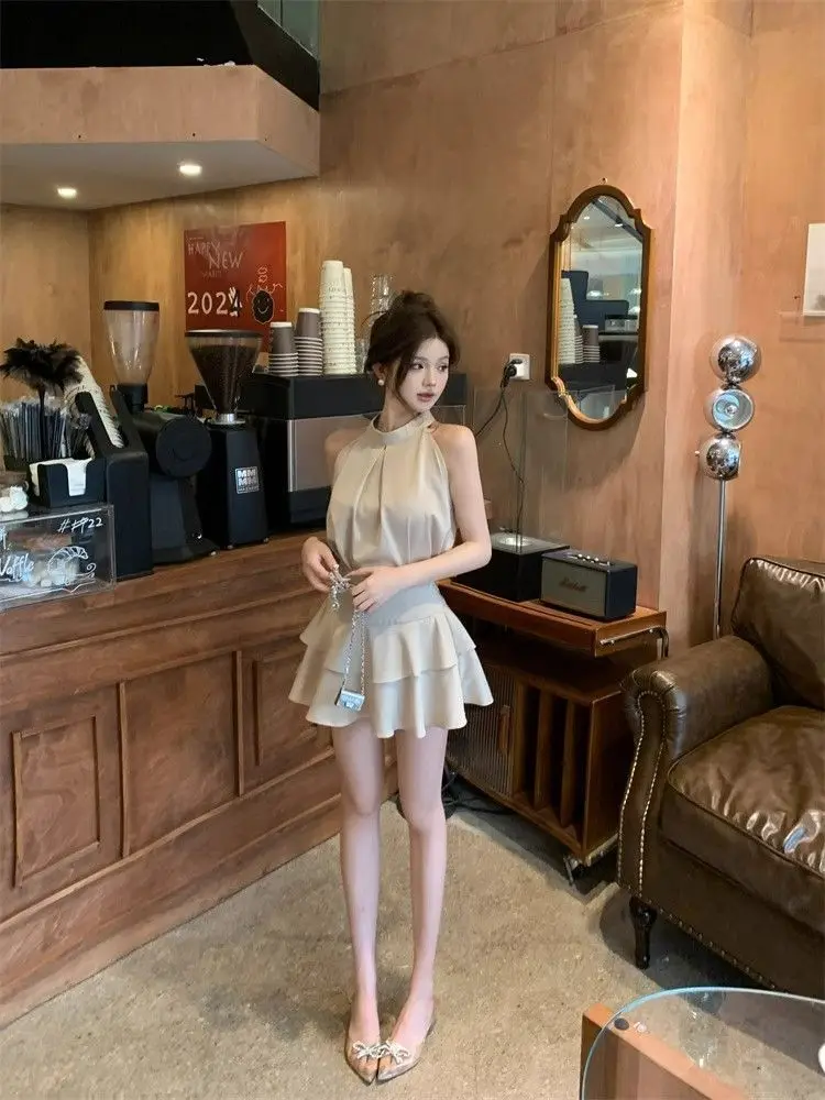 2000s Aesthetic Sexy Vintage 2 Piece Sets Women Sleeveless Y2k Sweet Elegant Mini Skirt Suit Female Solid Korea Style Clothes