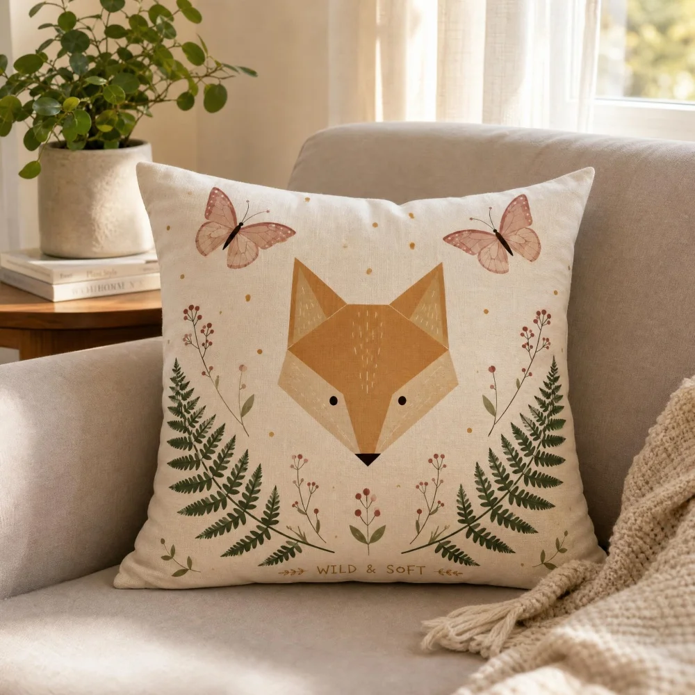 Forest Fox Stuffed Throw Pillow , Botanical Fern Butterfly Print Square Cushion for Cottagecore Farmhouse Sofa Decor