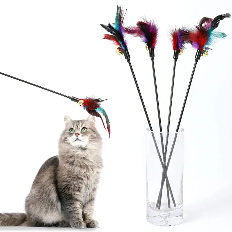 Funny Kitten Cat Teaser Interactive Toy Rod with Bell and Feather Toys for Cats Teaser Interactive Toy Rod Pet Cats Toys Stick