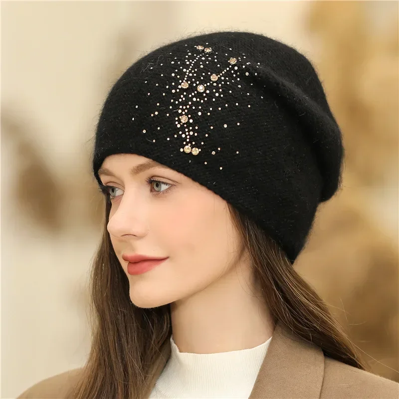 New Women Winter Hat Fashion Decorate Beanie Hat Rabbit Fur Blend Warm Winter Cap for Female Casual Streetwear Knitted Hat