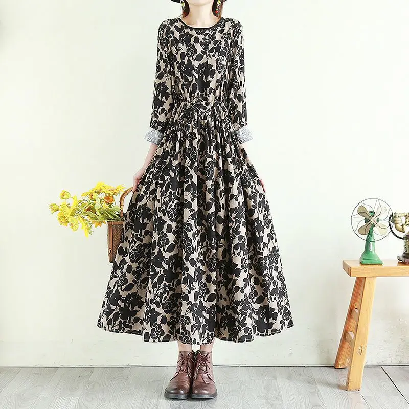 New Spring Fashion High end Cotton Hemp Printing Round Neck Art Retro Long Sleeve Temperament Commuter Slim Casual Dress