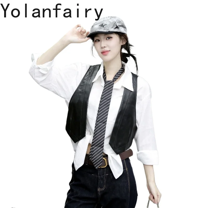 YOLANFAIRY Real Sheepskin Leather Vests Woman Fashion SlimShort Waistcoat Black Genuine Leather Sleeveless Outer Layer Vest Coat