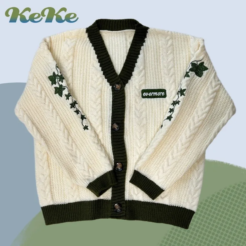 

Green Rattan Embroidered Cardigan Sweater Women V-neck Knitted Cardigan Top Winter Warm Long Sleeved Loose Women's Clothing Fall