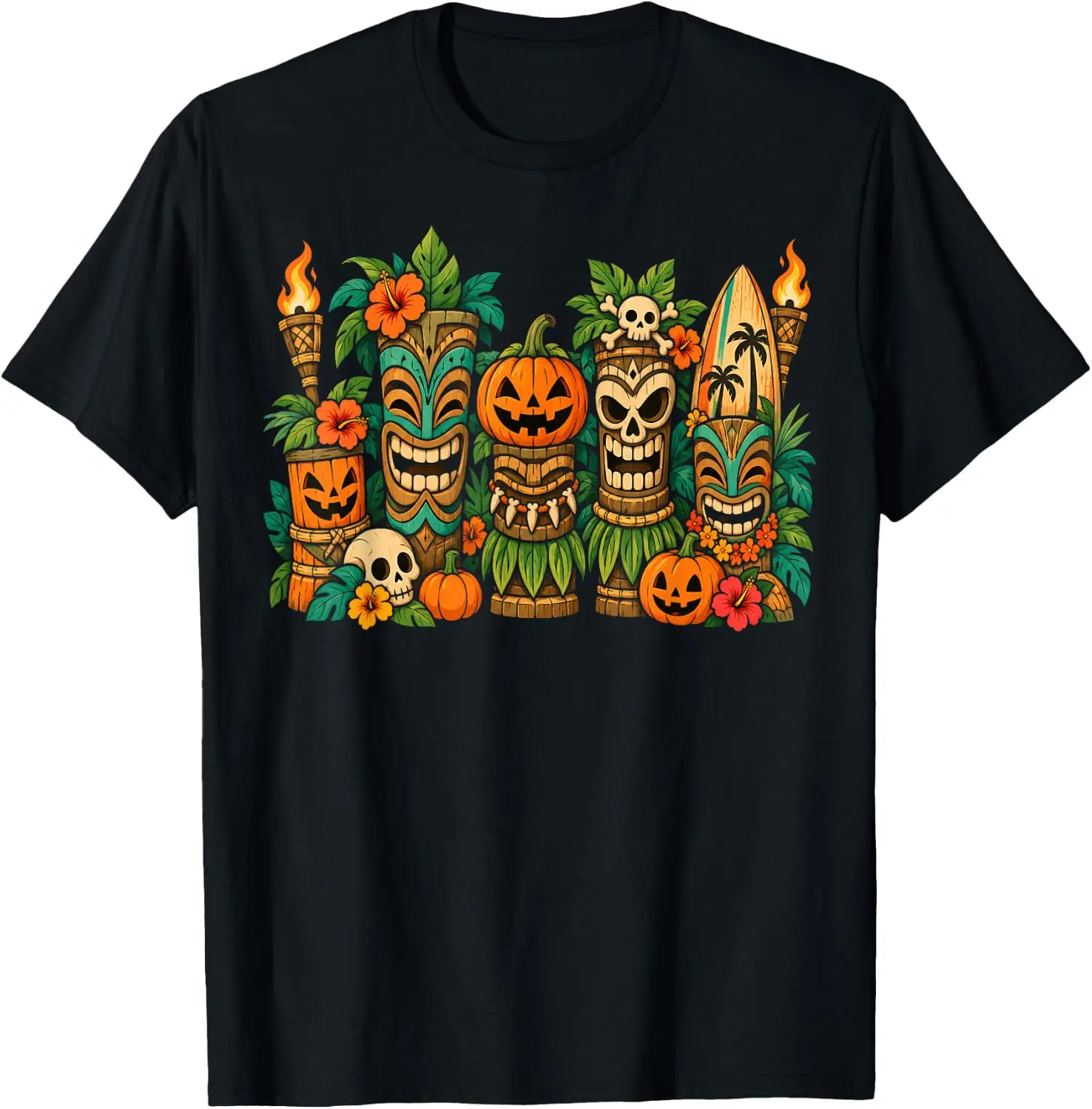 Halloween Tiki Pumpkin Tropical Surfboard Luau Design T-Shirt vintage style tee  boxy fit tee black graphic tee 100% cotton men