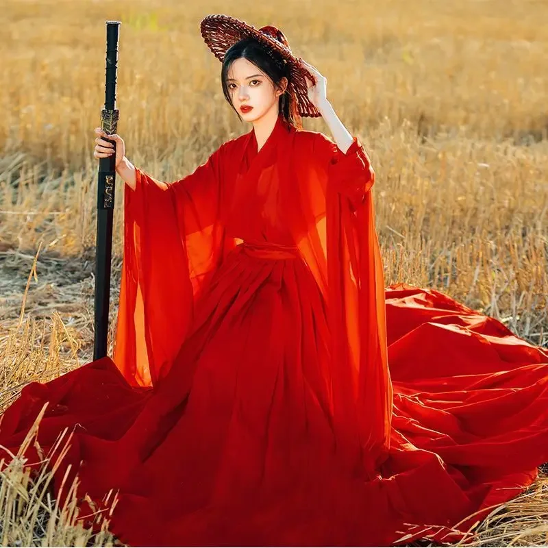 Vestido Hanfu de talla grande XL para mujer, traje tradicional chino antiguo, traje de Cosplay de carnaval, vestido de baile Hanfu rojo y blanco