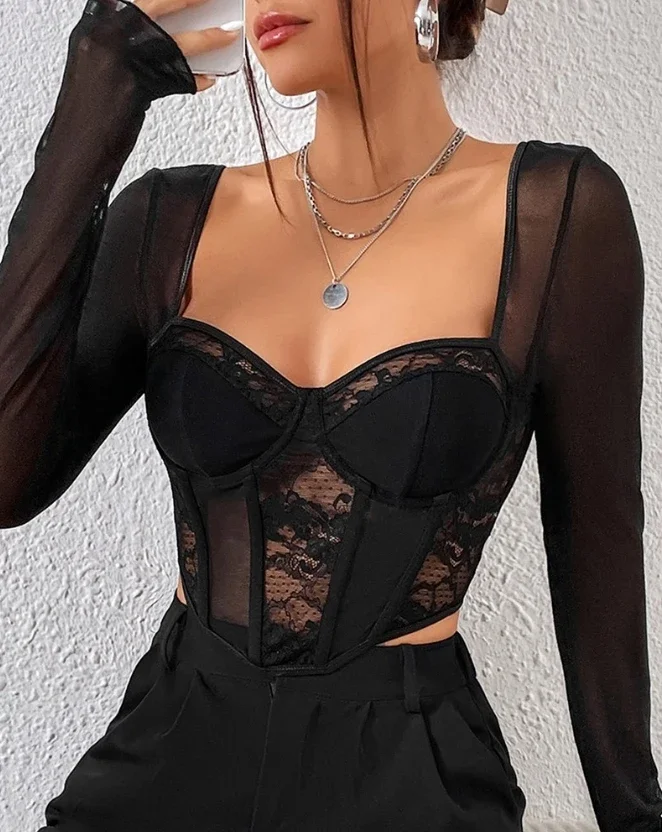 Top Women 2024 Spring Fashion Contrast Lace Hanky Hem Sexy Sweetheart Neck Long Sleeve Skinny Fishbone Corset Top Y2K Clothes