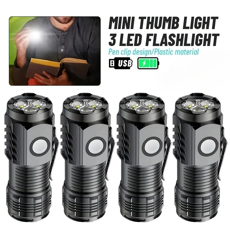 Ultra Powerful Handheld Flashlight 3 LED Mini Tactical Flashlight Rechargeable High Power LED Torch Metal Pen Clip Hand Lamp