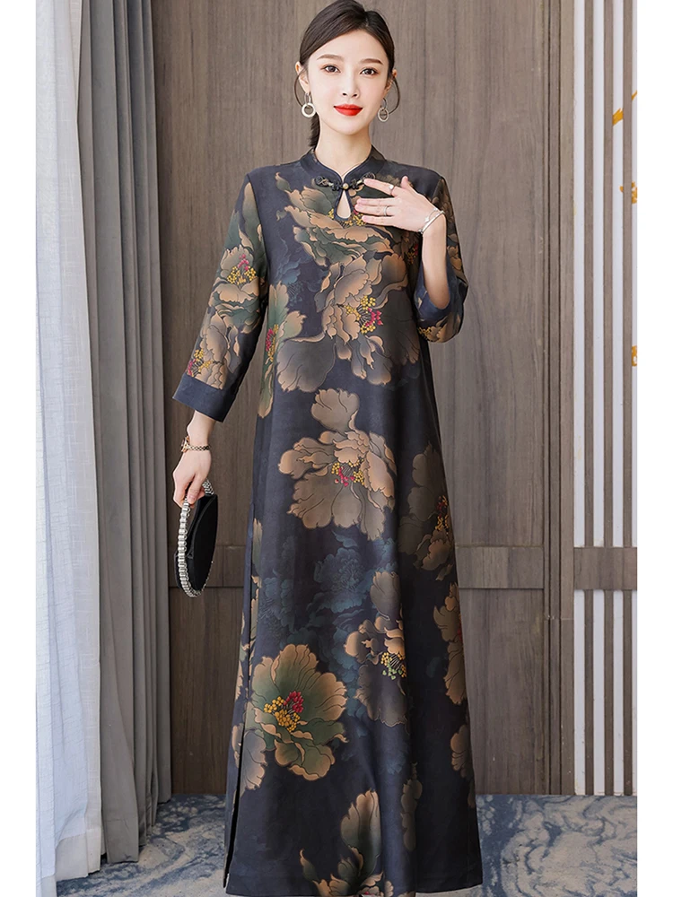 Autumn Winter Floral Silk Long Sleeve Maxi Dress Women Fashion Casaul Loose Waist Dress 2024 Korean Vintage Elegant Night Dress