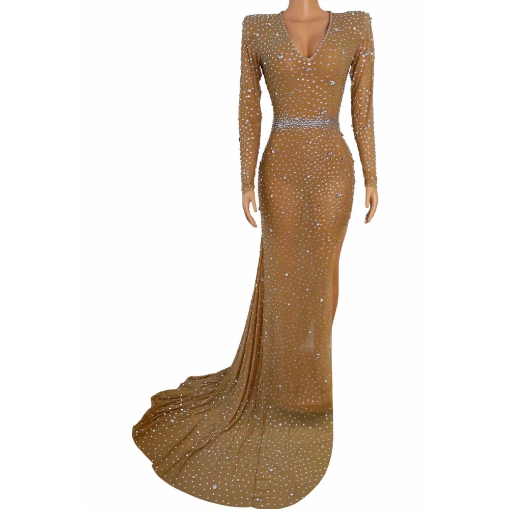 Robe Sexy fendue à manches longues pour femmes, strass brillants multicolores, tenue de soirée, de Banquet, modèle de Costumes, vêtements de salle de bal