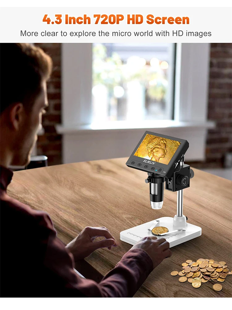 Elikliv EDM4 4.3" LCD Digital Microscope for Electronic 1000x Coin Magnifier Repair Microscope with LED Lights for PC Windows