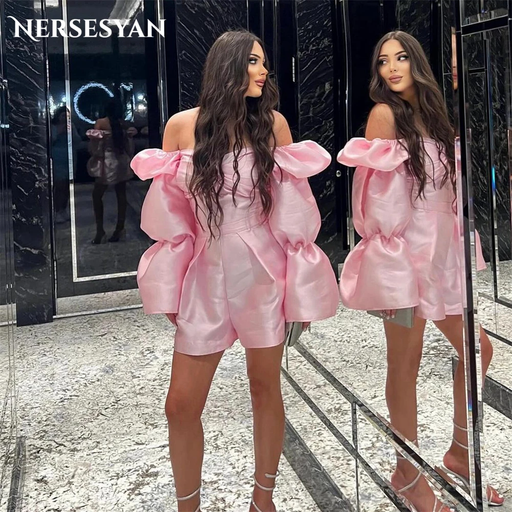 

Nersesyan Blush Pink Sexy Cocktail Party Gowns For Occasional Prom Off Shoulder Draped Evening Dresses Backless Puff Sleeves