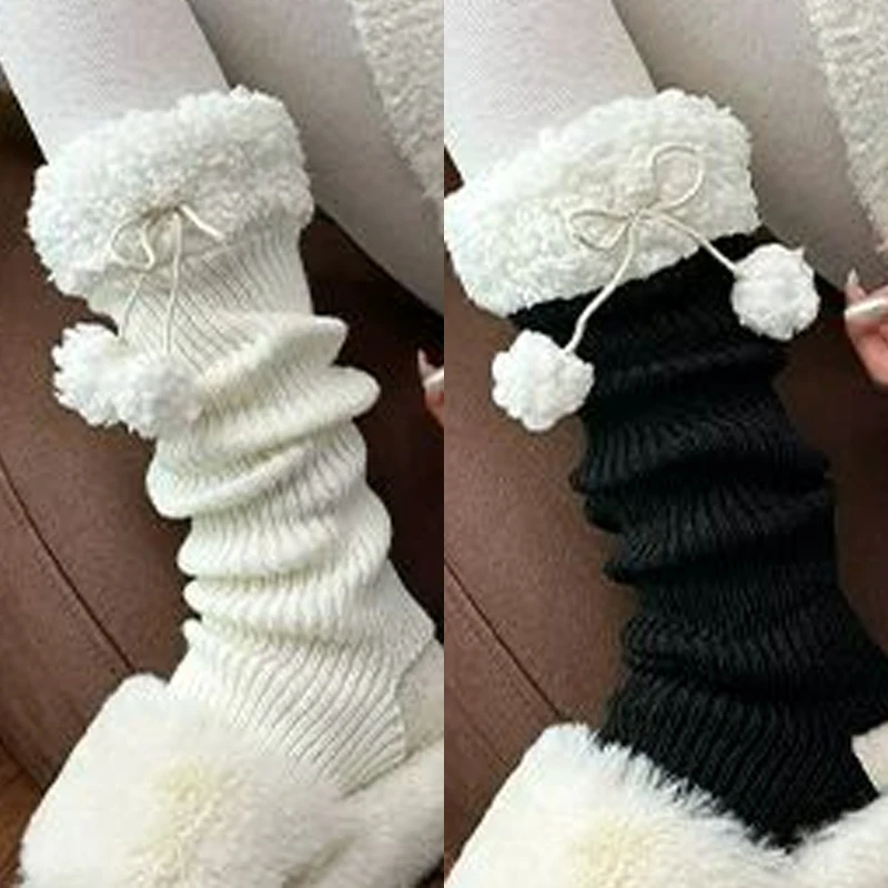 Japanese Style Harajuku Heap Mid-calf Leg Warmer Socks with Ball White Knitted Y2k Campus Jk Strap Long Leg Set for Women