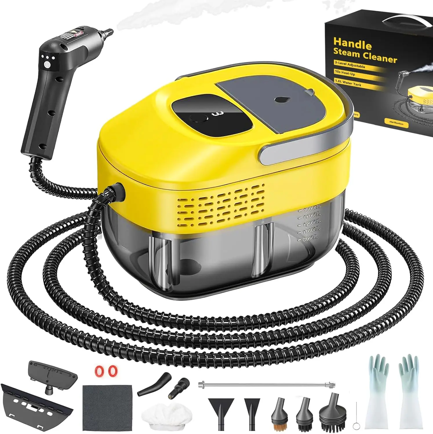 

3-Level Adjustable Handheld Steam Cleaner, 10s Heat-Up, 1.6 Qt Tank for Home & Car