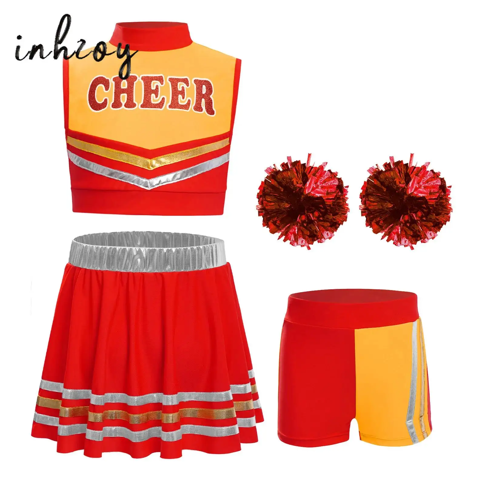 

Kids Girls Cheerleading Dance Outfit Sleeveless Letters Printed Color Block Tank Crop Top+Striped Skirt+Shorts+Flower Balls 5Pcs