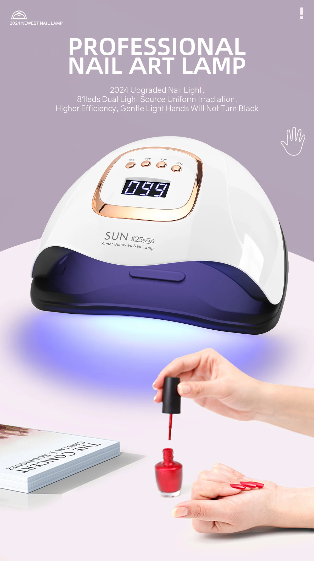 Lampa UV do paznokci 380W z 81 diodami LED, lampa do utwardzania paznokci, lampa do manicure na paznokcie z timerem 10s/30s/60s/99s i ekranem LCD