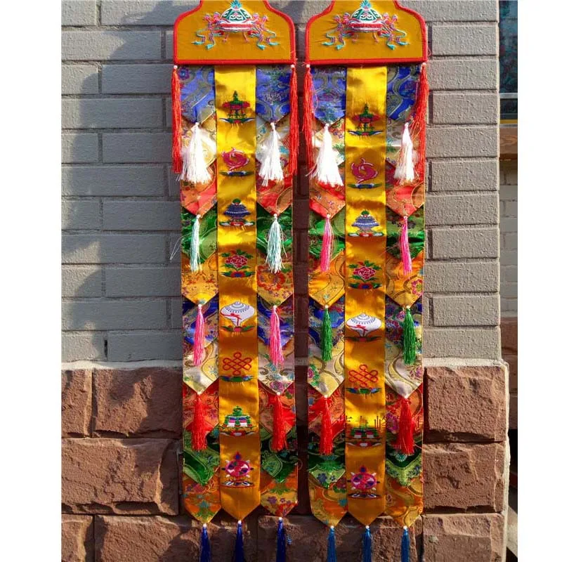 A PAIR 2p Wholesale Buddhist supply  HOME Temple Embroidery Eight Auspicious Symbols Wall hang Sutra banner Prayer flag FOPAN