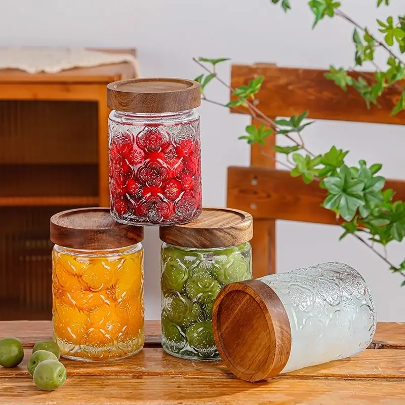 700ml Glass Sealed Jar Embossed Begonia Pattern Decoration Box Vintage Candy Snack Green Plum Storage Jar Kitchen Food Container