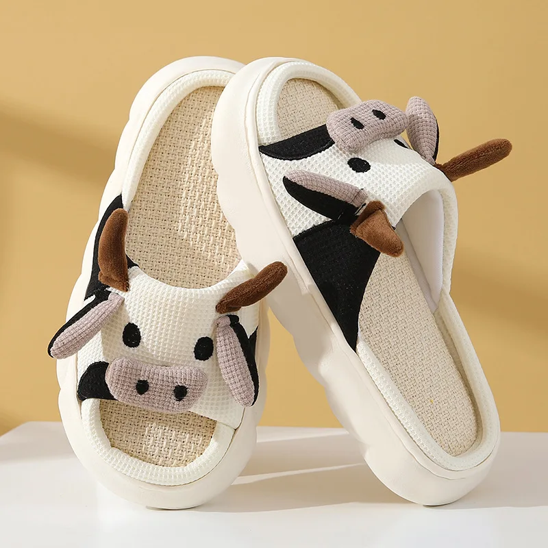 Women's Sandals Summer 2024 Cute Cartoon Cow Linen Slippers Universal Indoor Home Four Seasons Non-slip Cotton Linen Sandals