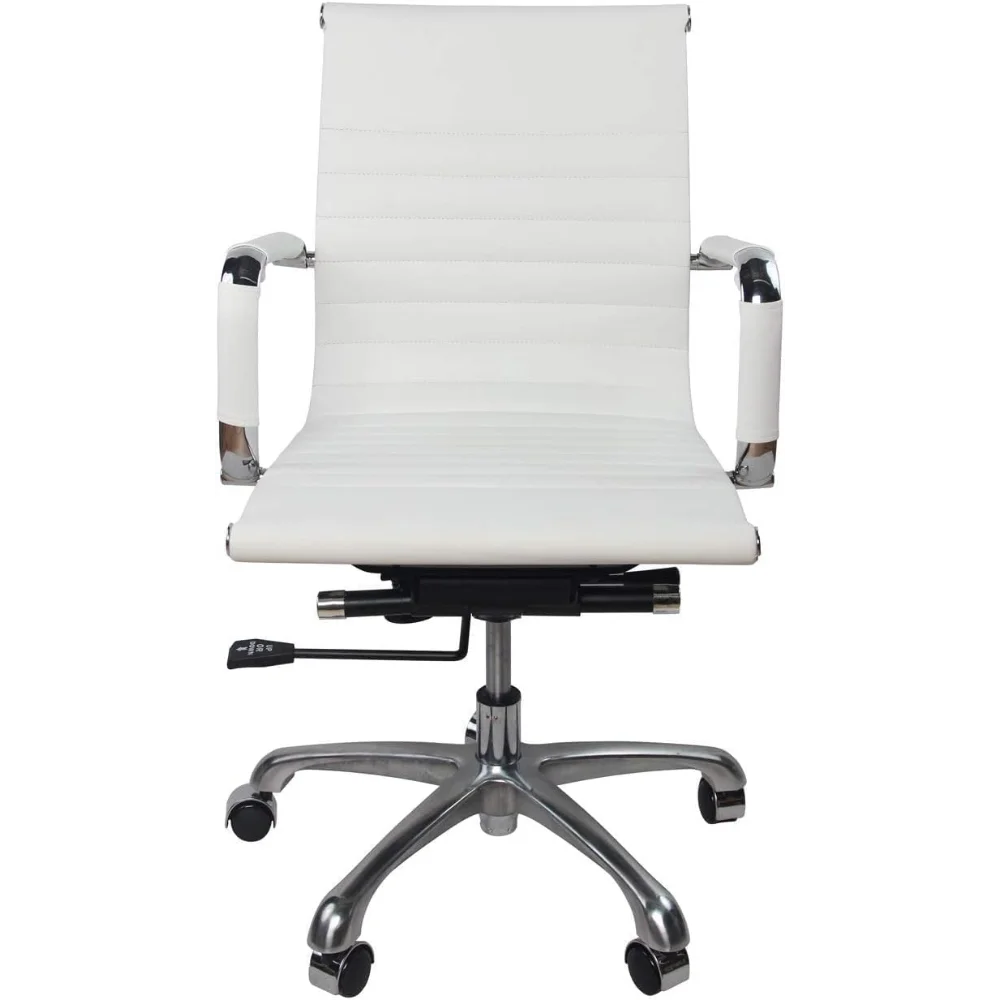 

White PU Leather Ribbed Executive Chair, Office Chair, Hotel Task Chair, Mid Back Leather Height Adjustable Swivel