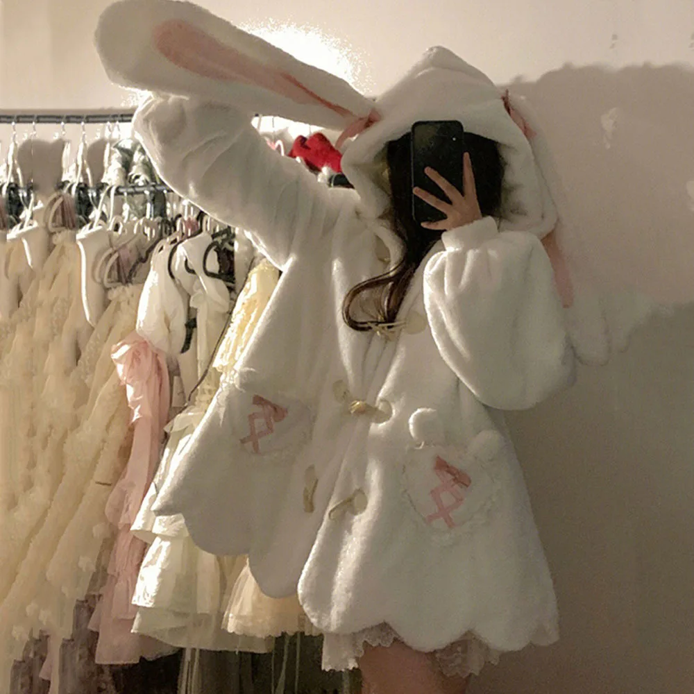 Japanese White Kawaii Plush Sweatshirt Jacket Casual Warm Rabbit Ears Hoodies Female Autumn Winter Cute Bow Sweatshirts Coats