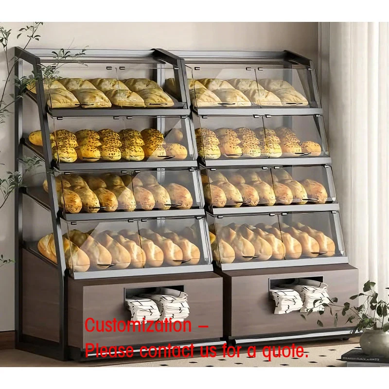 custom.Factory Direct Custom Modern Bakery Display Cabinet LED Light Tempered Glass Stainless Steel MDF Storage Racks Eco-Friend