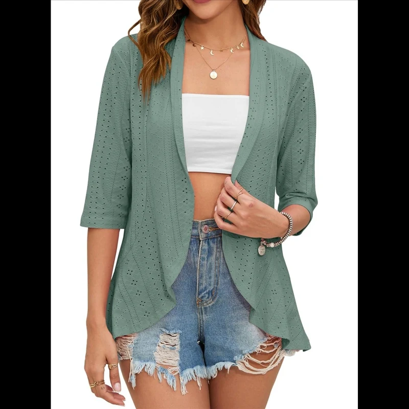Women's Cardigan Solid Color 3/4 Sleeve Ruffle Trim Casual Fashion Elegant Trendy Lightweight Soft Comfortable